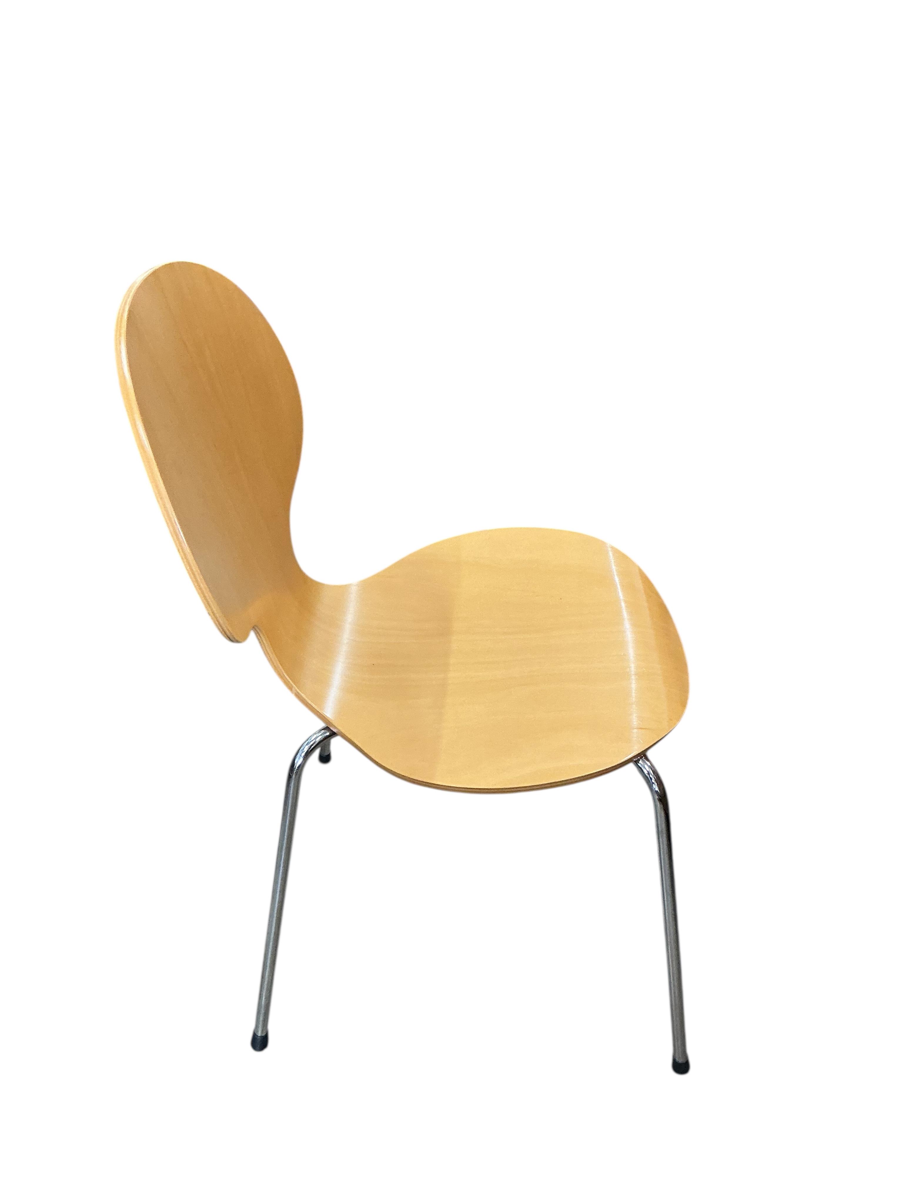After Arne Jacobsen, a set of six modern bentwood and chrome 'Ant' chairs, width 44cm, depth 44cm, height 84cm